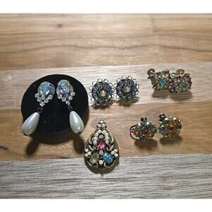 Lot of Vtg Gold Tone Rhinestone Costume Teardrop‎ Pendant & Earrings Jewelry Set